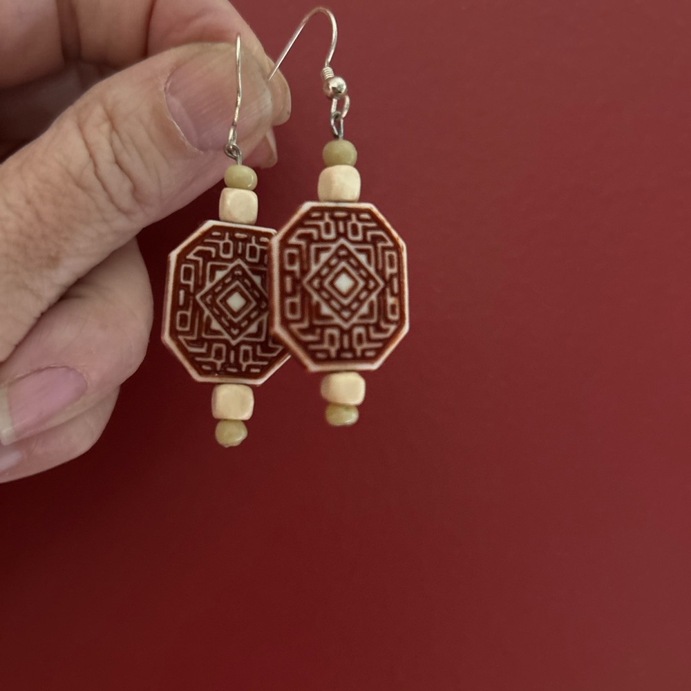 Geometric Brown and Cream Earrings